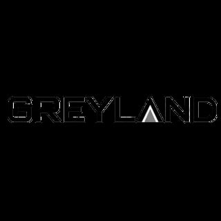 Greyland logo text in modern outlined style on black background